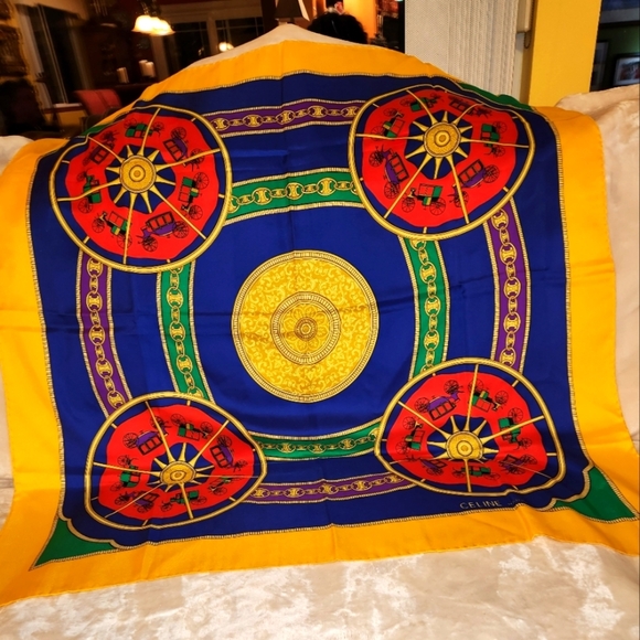 Celine Vibrant Silk Scarf with Wheel Design - Picture 1 of 5